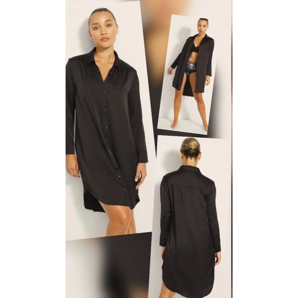 Soma Women Satin Feel Black Button Front Nightshirt Sz M Sleepwear High Low Hem